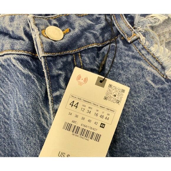 Zara Women Jeans EU 44 US 12 Straight Blue Denim Distressed Raw Hem 6164/178 NWT - Picture 5 of 9